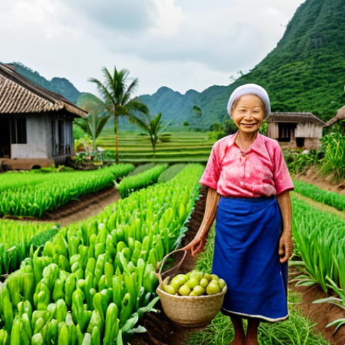 Home 18 A serene countryside scene in Vietnam, featuring a smiling elderly woman working in her lush garden filled with vegetables and fruit trees. She exudes vitality and health, showcasing the benefits of a natural lifestyle and fresh, locally-sourced food. In the background, a traditional Vietnamese village is nestled amongst rice paddies.