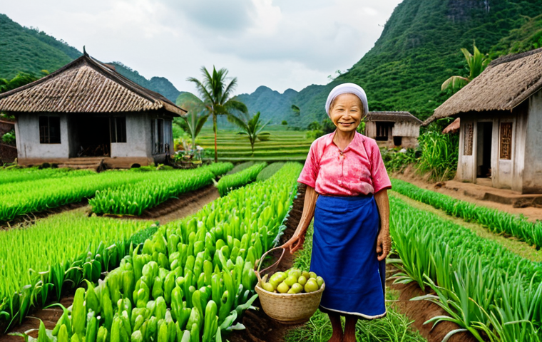 A serene countryside scene in Vietnam, featuring a smiling elderly woman working in her lush garden filled with vegetables and fruit trees. She exudes vitality and health, showcasing the benefits of a natural lifestyle and fresh, locally-sourced food. In the background, a traditional Vietnamese village is nestled amongst rice paddies.