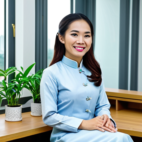 Home 10 **
"A Vietnamese woman in her late 20s, wearing a modest and professional ao dai, sitting at a traditional wooden desk in a bright, modern office in Ho Chi Minh City. The office has plants and a view of the city. She is smiling warmly and looking directly at the viewer. Fully clothed, appropriate attire, safe for work, perfect anatomy, natural proportions, high quality, professional photography, family-friendly."
**