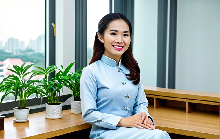 **
"A Vietnamese woman in her late 20s, wearing a modest and professional ao dai, sitting at a traditional wooden desk in a bright, modern office in Ho Chi Minh City. The office has plants and a view of the city. She is smiling warmly and looking directly at the viewer. Fully clothed, appropriate attire, safe for work, perfect anatomy, natural proportions, high quality, professional photography, family-friendly."
**